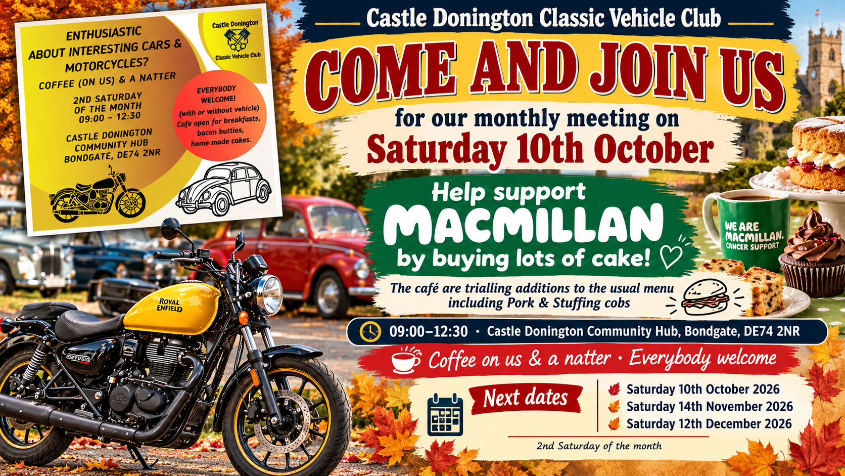 Castle Donington Classic Vehicle Club October meeting banner supporting Macmillan, with cakes, classic vehicles and meeting details.